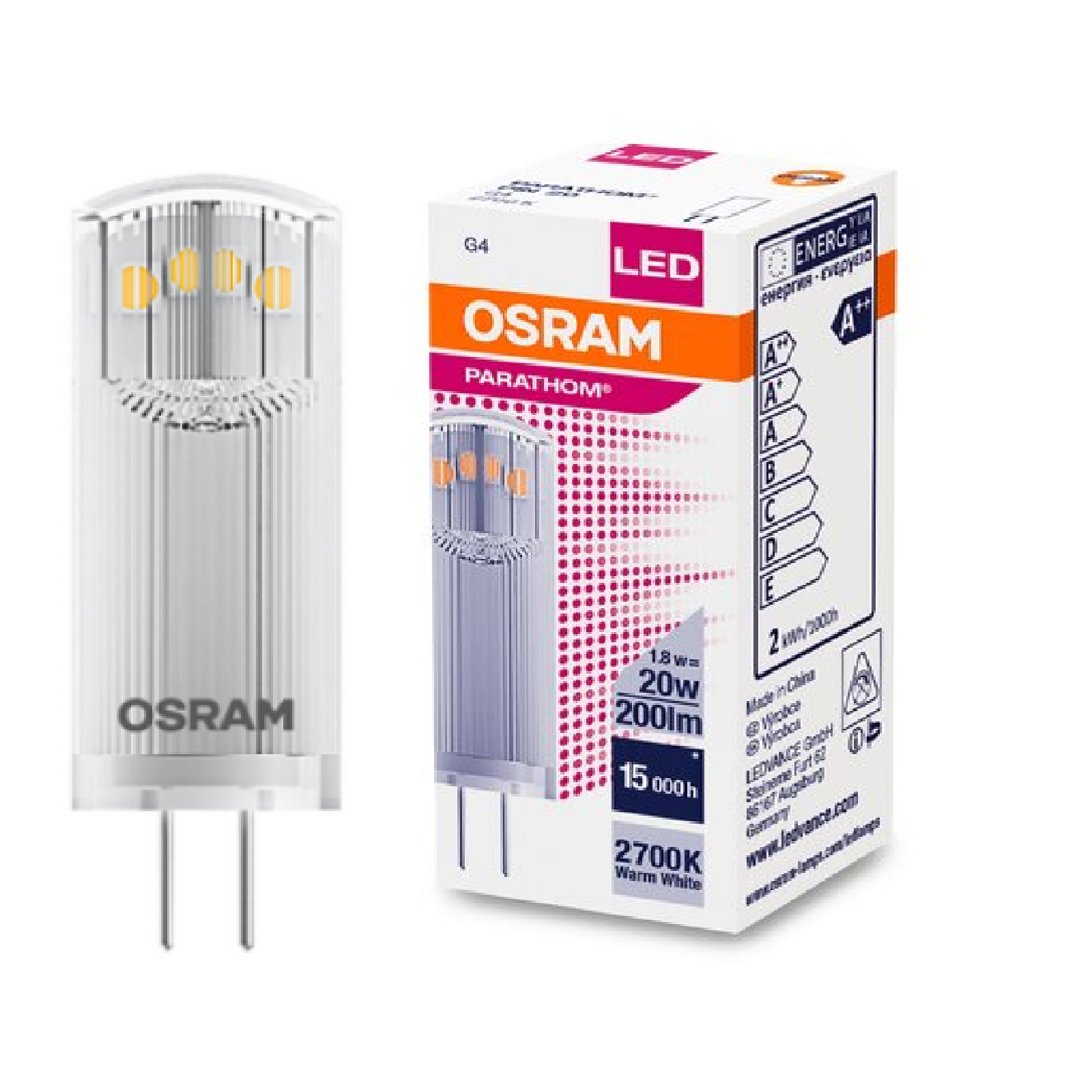Osram Parathom LED PIN G4 12V 1.8W 200 LUMENS 827 Warm White NON-DIMMABLE Replaces 20W
